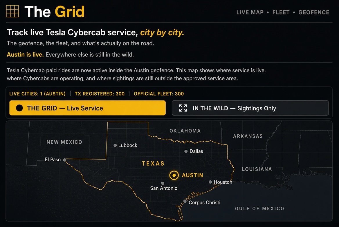MyCybercab The Grid live Cybercab tracker map showing Austin as live