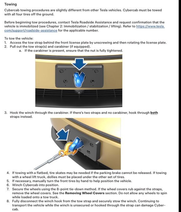 Tesla Cybercab towing procedure — access the tow strap by rotating the front license plate