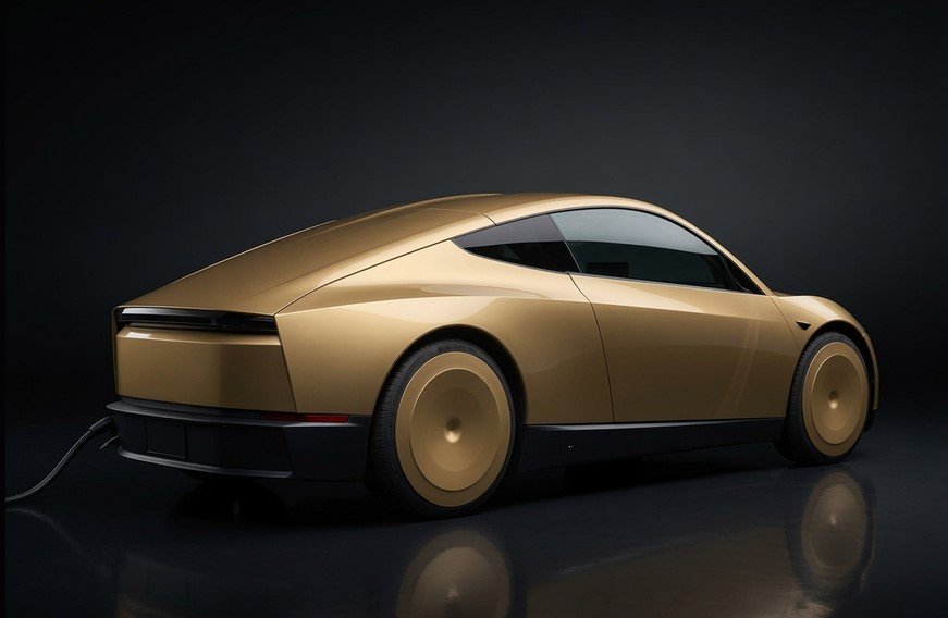 Tesla Cybercab spotted in the wild, front three-quarter view, showing butterfly doors and minimalist exterior design