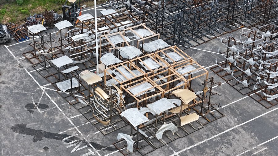 Cybercab trimming forms used in the development of the RIM exterior body panels located outside Giga Texas