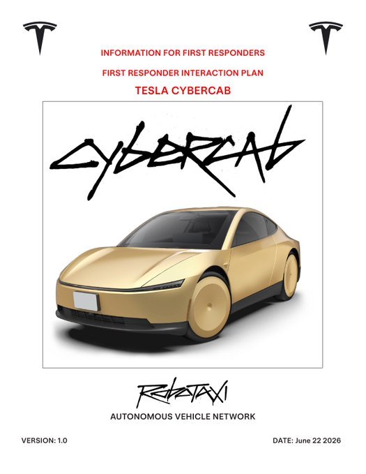 Tesla Cybercab first responder plan — Robotaxi cover page, version 1.0, June 2026
