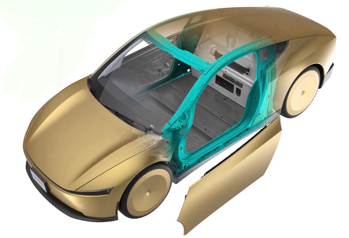 Tesla Cybercab airbag diagram — front, knee, inner seat-mounted, outer seat-mounted, curtain airbags