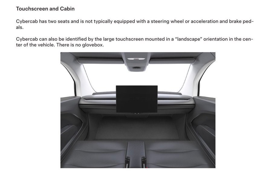 Tesla Cybercab interior — power seat controls and window switches via touchscreen