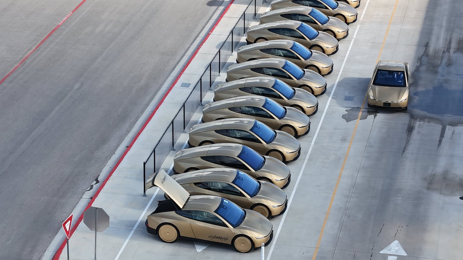 Aerial drone view of 245 Tesla Cybercabs