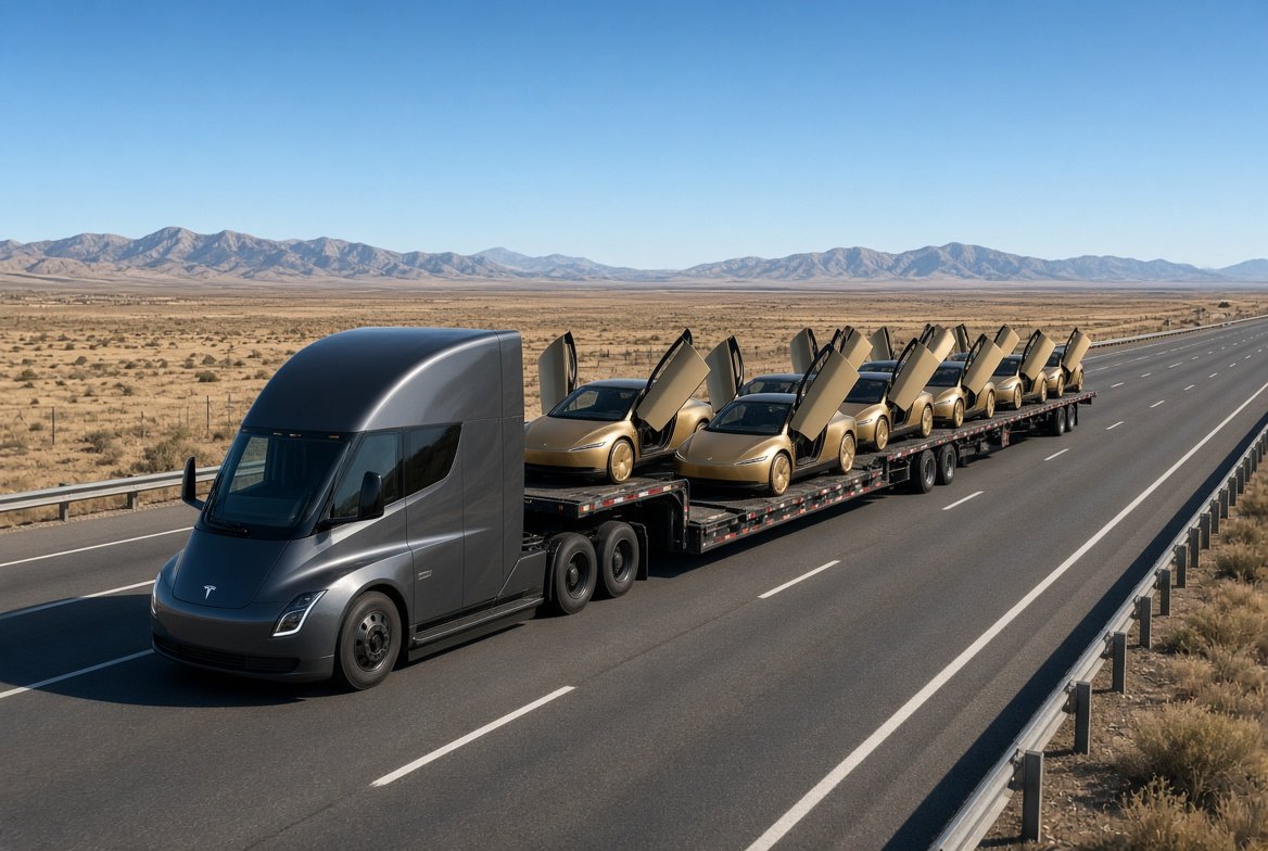 Tesla Semi electric truck hauling Cybercabs on flatbed for fleet deployment across the United States